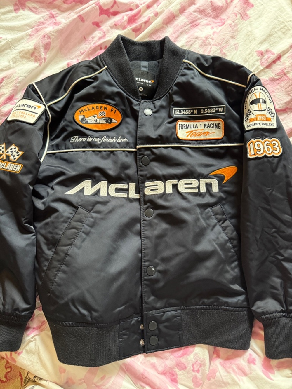 abercrombie kids Black McLaren Racing Patch Bomber Jacket with Orange Accents